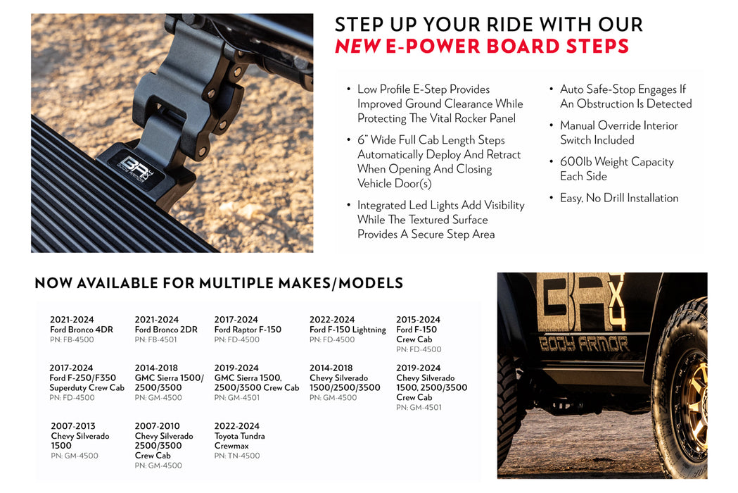 Body Armor E-Power Running Boards For 2019-2024 Chevrolet/GMC Crew Cab